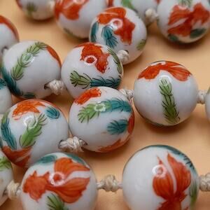 Vintage Chinese Koi Fish Porcelain Bead Necklace Hand Knotted 30"